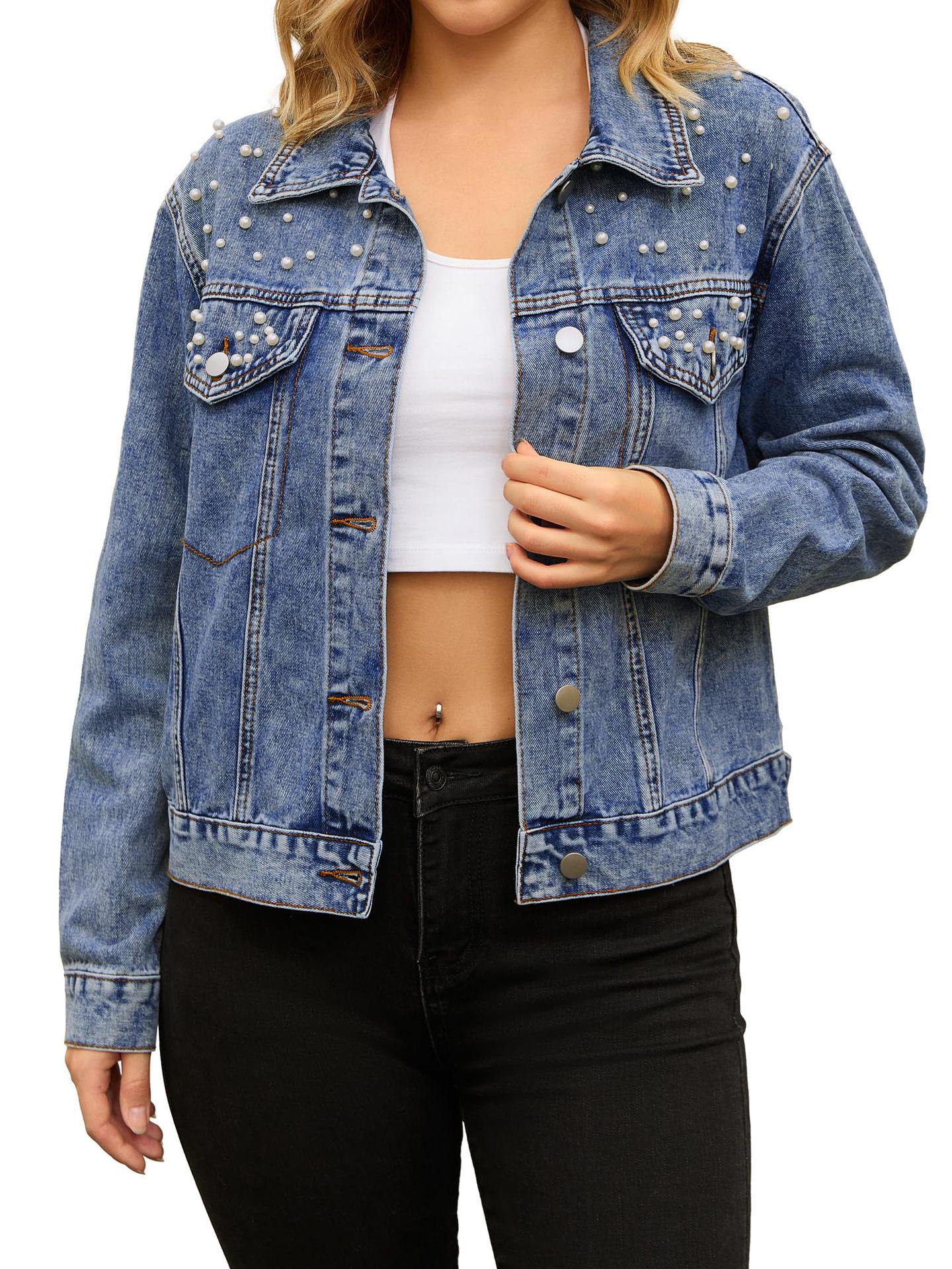 

European & American Women s Retro Slim Fit Denim Jacket with Classic Embroidery & Pearls M