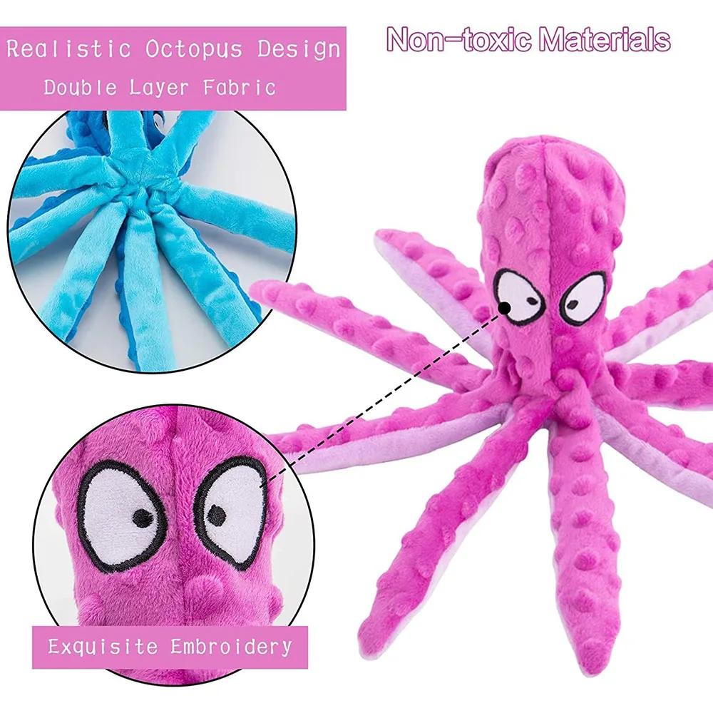 Nice Octopus Dog Chew Toys No Stuffing Plush Dog Squeaky Toy with Crinkle Paper in Legs Corduroy Interactive Dog Teeth Cleaning Toy