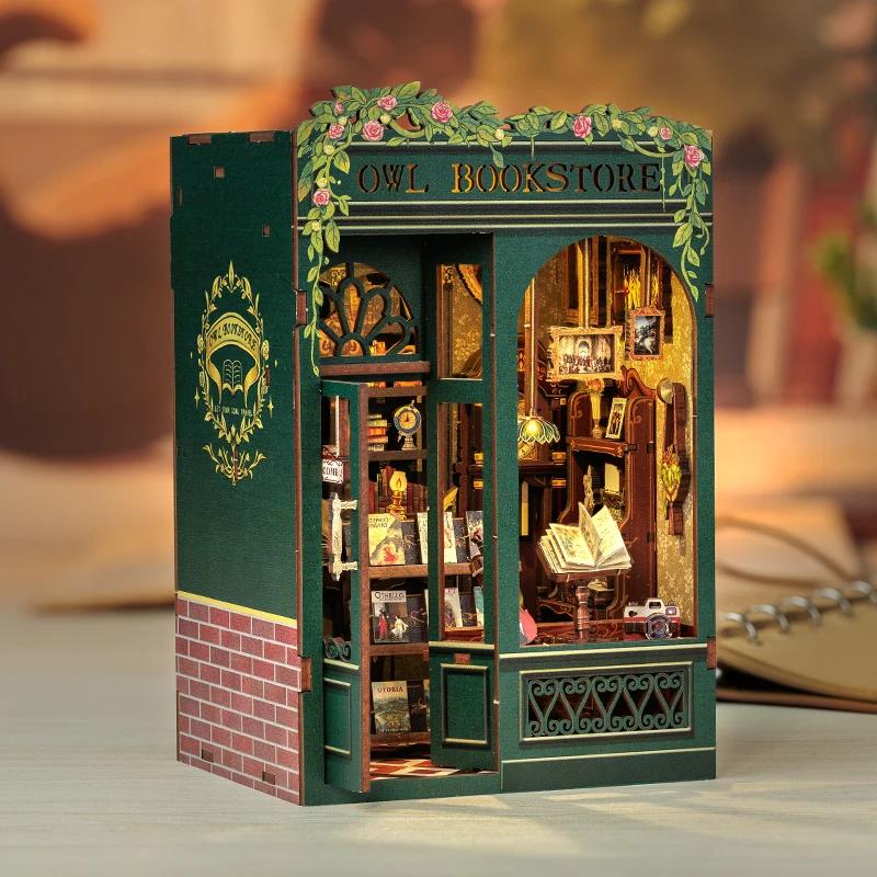 CuteBee Handmade DIY Owl Bookstore Nostalgic Miniature House Assembly Kit – Decorative Bookends 10-11cm