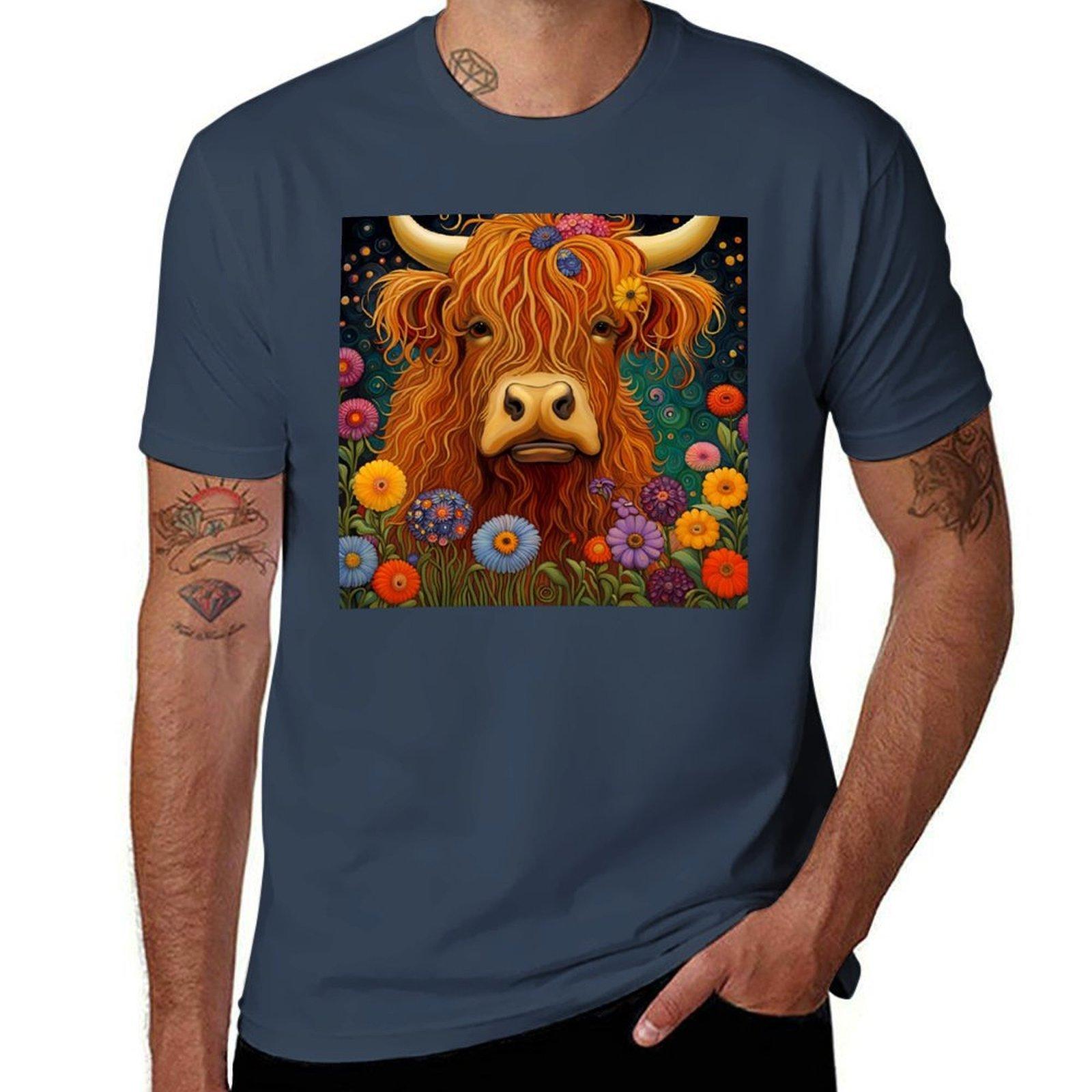 Sweet Scottish Highland Cow Under The Stars Tshirt Street Fashion Casual Tee Shirt S