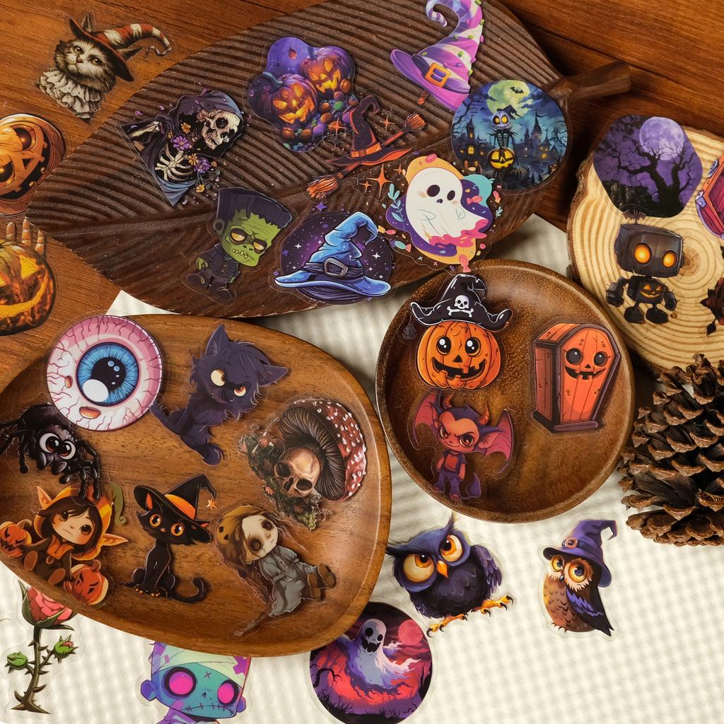 50pcs PET Halloween stickers, featuring cartoon ghosts, black cats, waterproof witches designs for holiday parties gifts for kid