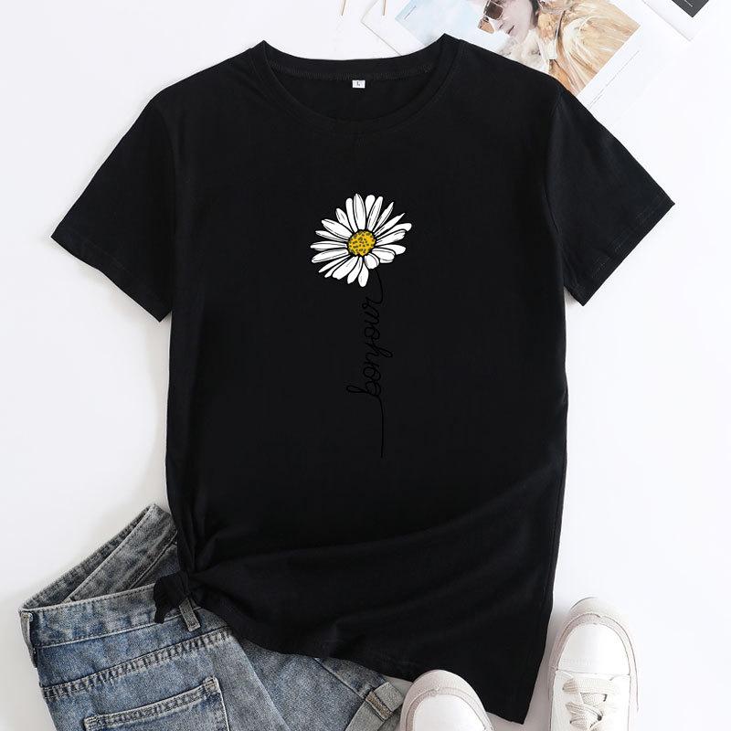 Summer Round Neck Daisy Pattern Printed Top Fashionable Casual Short Sleeved Women's Pure Cotton T-shirts