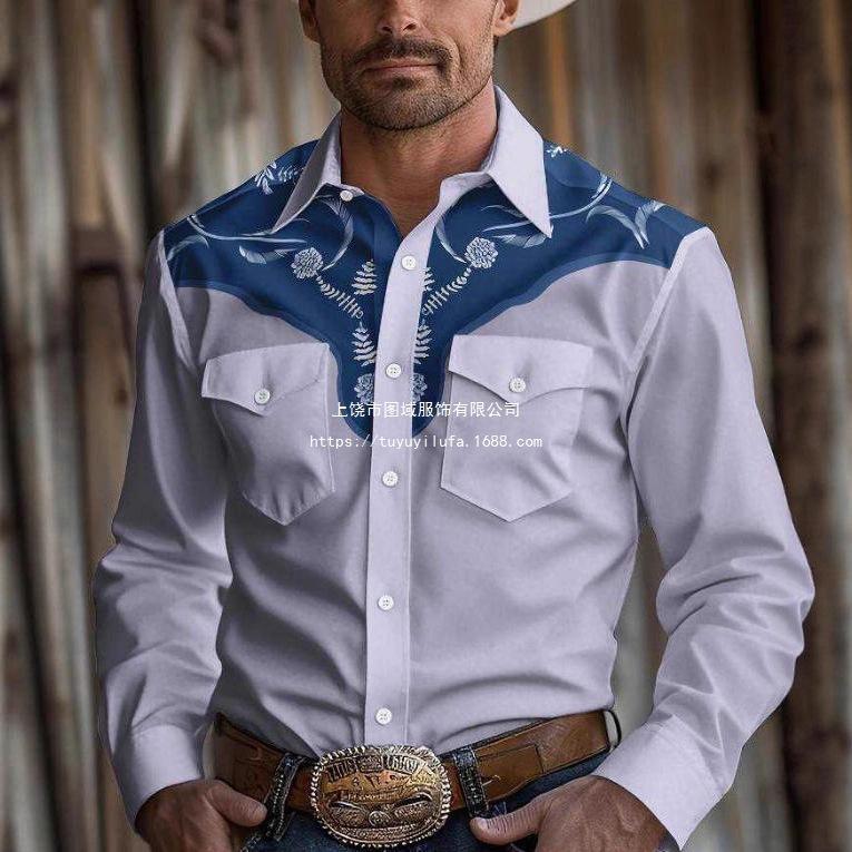 Western Style Long Sleeve Shirt, Ethnic Pattern, Casual Fashion for Men