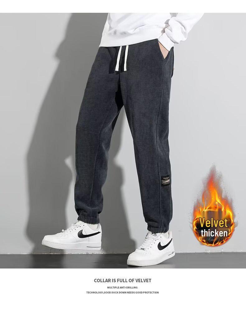 Men's Fleece-Lined Corduroy Joggers: Autumn/Winter Elastic Waist Casual Pants, Korean-Style Trendy and Versatile.