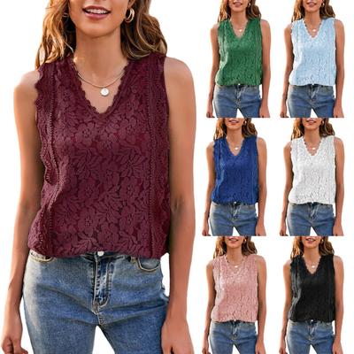 Summer Women's Solid Color Hollow Lace Crochet Tank Top Sexy Lace Trim Knit Top