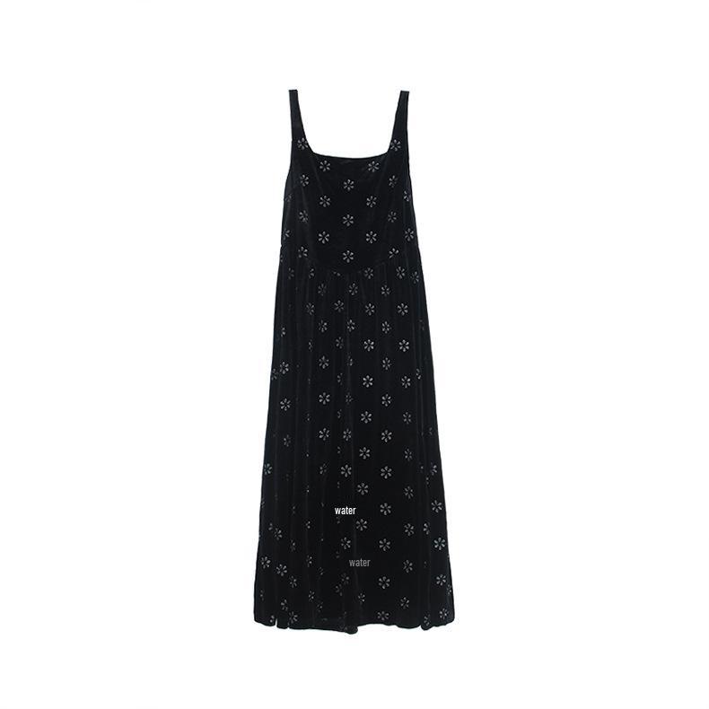 French Retro Black Velvet Embroidered Sleeveless Winter Dress for Women - Mid-Length Skirt L (110-120cm)