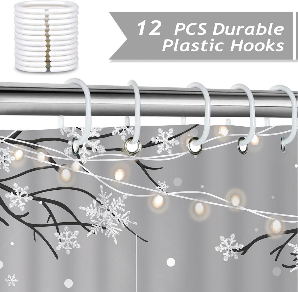 Winter Christmas Shower Curtain, Cute Snowman Xmas Tree Grey Snowy Forest Snowflake Bathroom Decor Polyester Fabric Waterproof