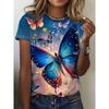Blue Fantasy Women's Tee - Glowing Butterfly Graphic, Vibrant Iridescent Print Design for Casual Daily Wear