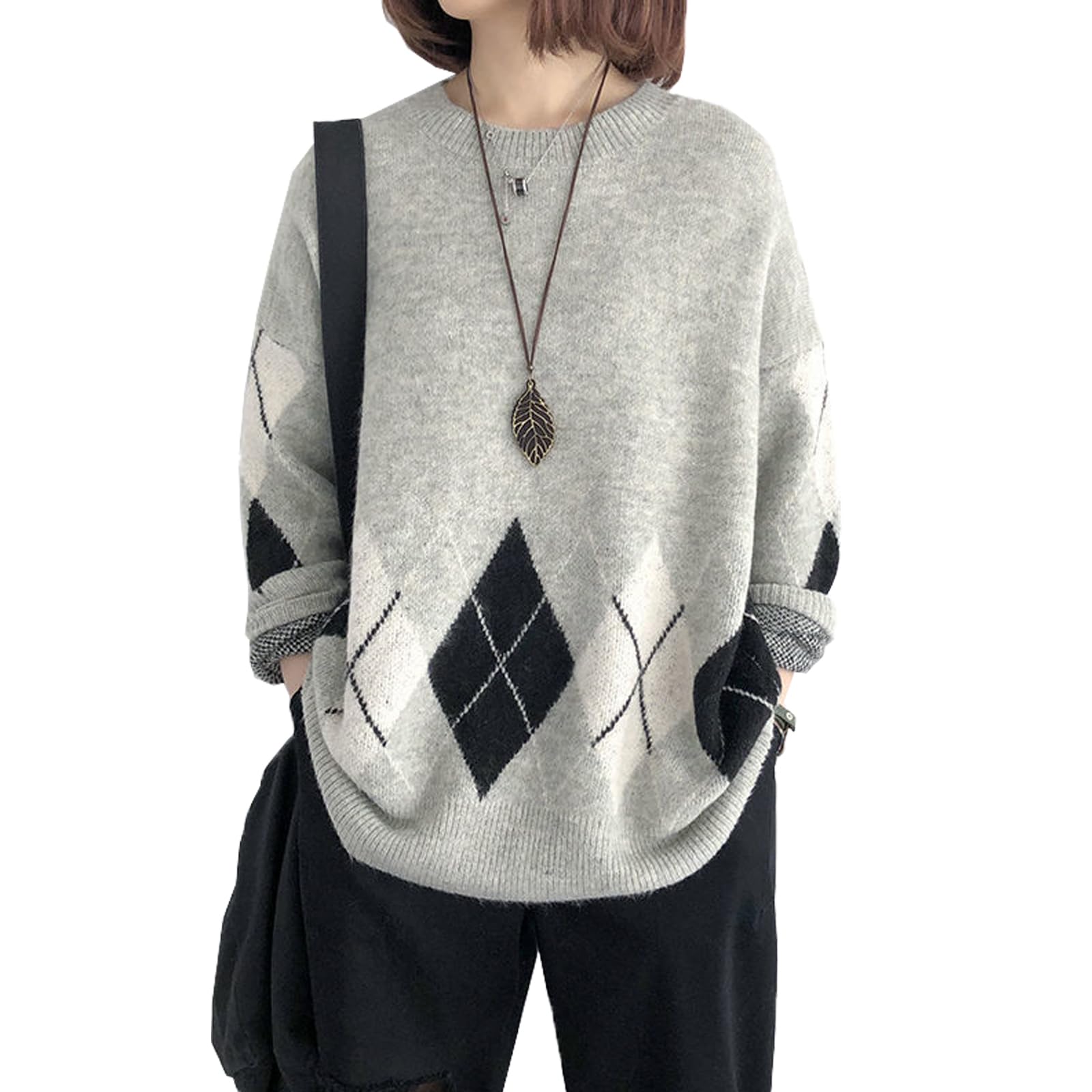 

Knit Sweater Long Crew Loose Perfect for Going Winter [OGCPWYQZ] Women s Top, Sleeve, Neck, Patterned, Casual, Warm, Stylish, Slimming, Soft, Fit, сірий колір