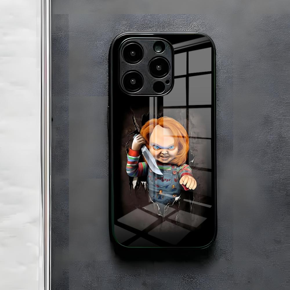 Chucky Doll Horror Movie Phone Case For IPhone 17 Air 16 E Pro Max 15 14 13 Mini 12 Pro 11 Max Plus Black Glass Cover
