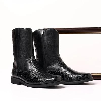 Fashion Fashion Western Cowboy Boot High Quality Embroidered Retro Zippered High Top Work Boots PU Leather Leisure Man Footwear