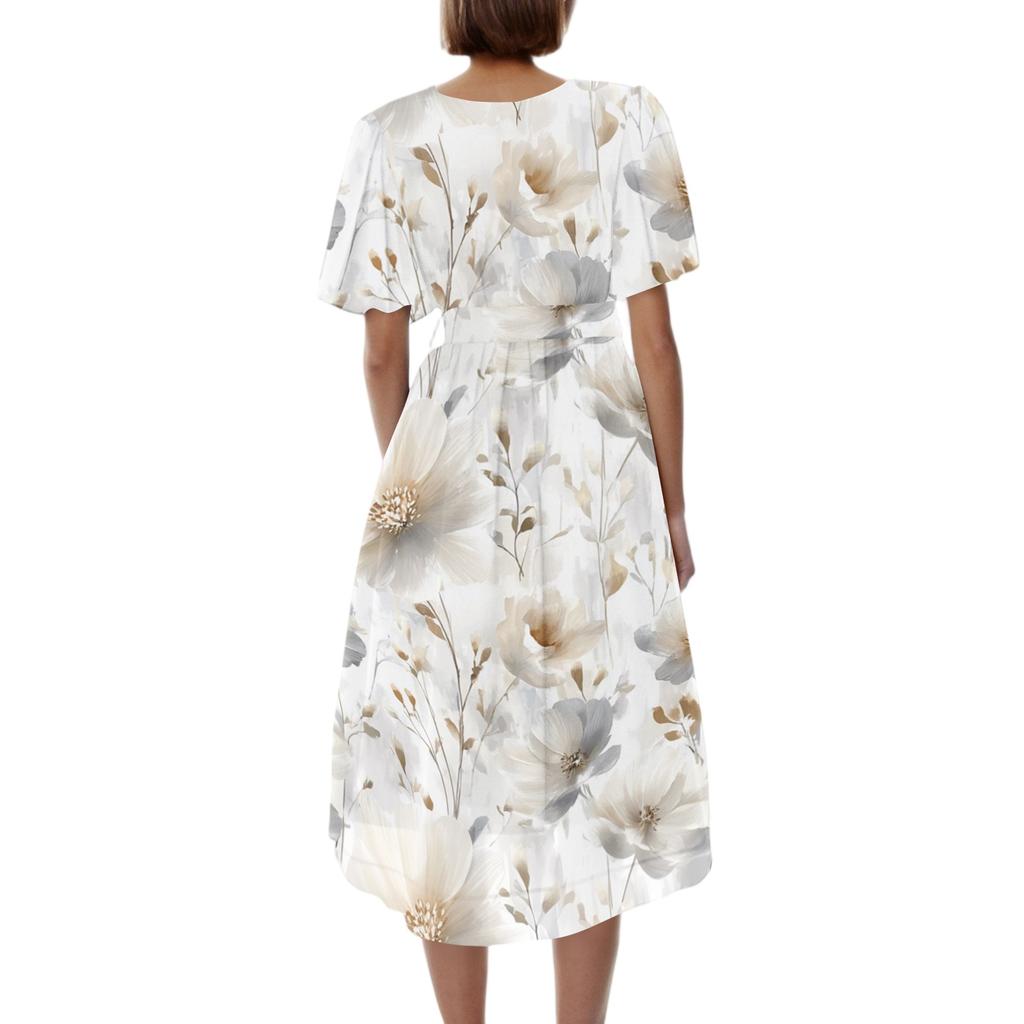 Women Casual V Neck Short Sleeve Floral Print Dress Vintage Style Midi Length Wrap Dress for Daily Wear