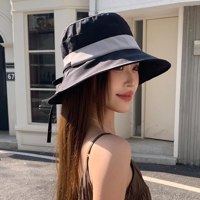 Outdoor Leisure Sun Hat Fisherman Hat Simple Color Block Tether Sun Protection Hat Girl Traveling To Show Her Face Small Hat Early Spring
