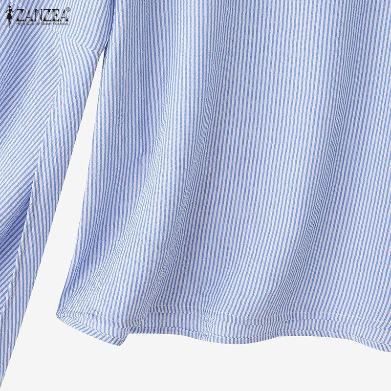 ZANZEA Women Stripe Print Casual Round Neck Long Sleeve Blouse