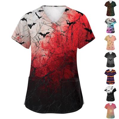 Women's Fashion V-neck Short-sleeved Work Uniform With Pockets, Halloween Print Top