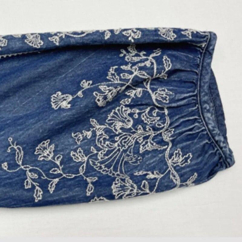 Johnature Niche Cotton Embroidery Frenulum Solid Color A-Line Dress Woman Spring Half Sleeve V-Neck Dress