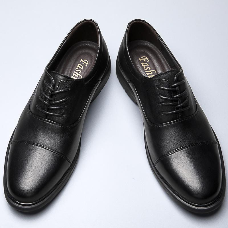 Men's shoes business casual shoes formal leather shoes men's spring low-top pure black cowhide foot cover large size small leather shoes
