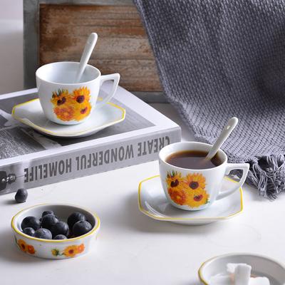2PCS Girassol Pintura a Óleo Estilo Copo de Café Cerâmica Copo de Água Caneca Copo de Café Copo de Leite Chá da Tarde Copo de Café Prato Conjunto de Duas Peças