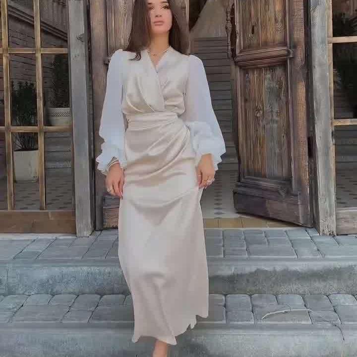 Herbst 2024 Damen Colorblock High Waist Plissiertes Elegantes Kleid