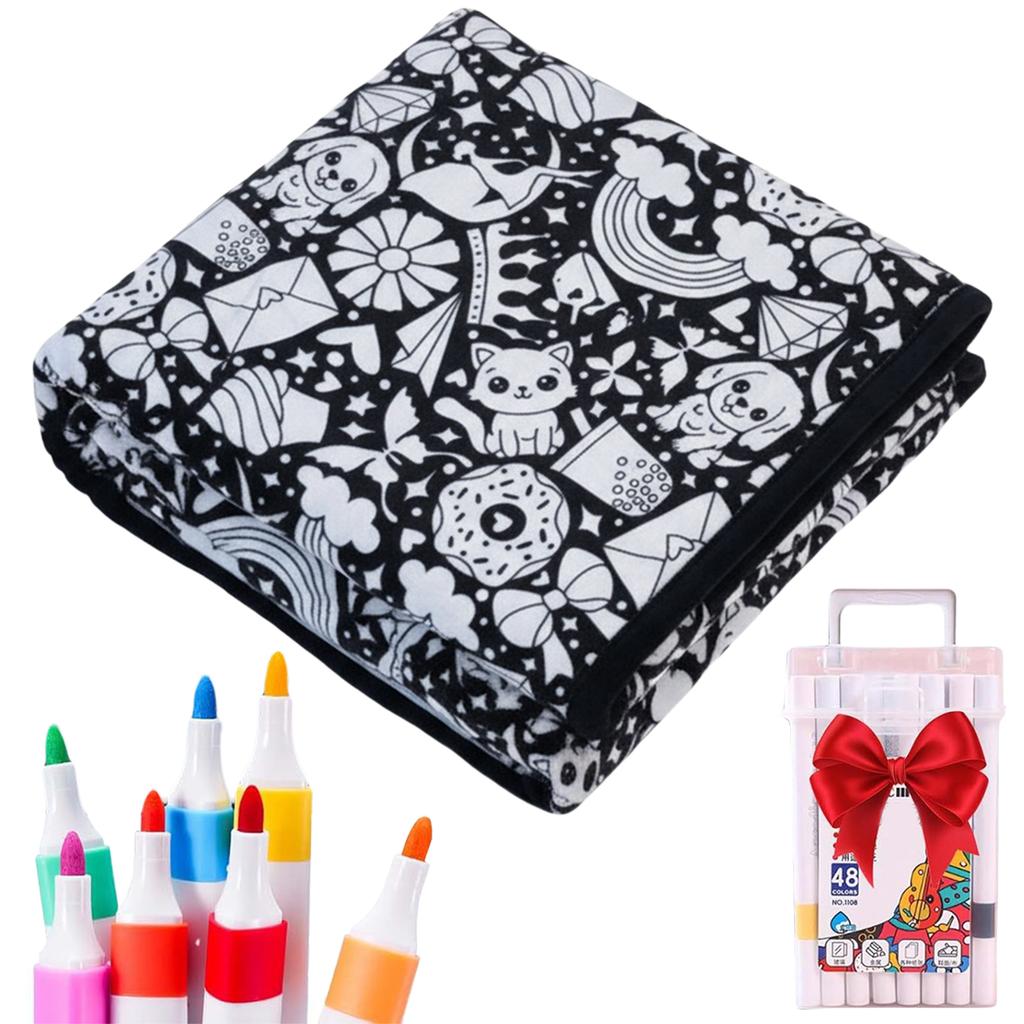 Manta para Colorear DIY con 24 Rotuladores Patrón Creativo de Personalización Manta Lavable Manta de Pintura Artística para Fiesta Navideña