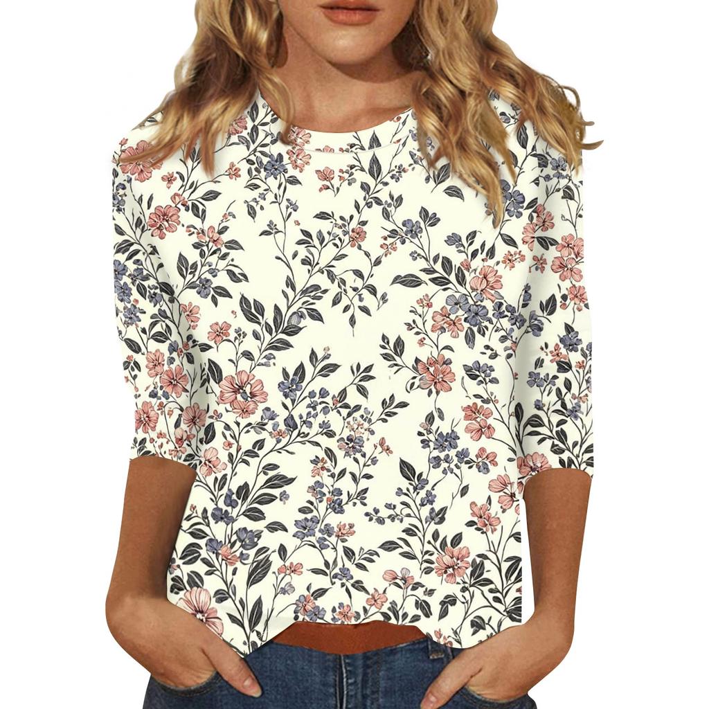 Womens Casual Three Quarter Sleeve Floral Print Crew Neck Top Relaxed Fit Lightweight Pullover Blouse for Everyday Wear