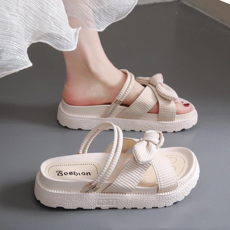 

Women s 2-in-1 Platform Bow Sandals Summer Casual Sloping Back Flat Shoes Lightweight Beach Shoes 35 бежевый