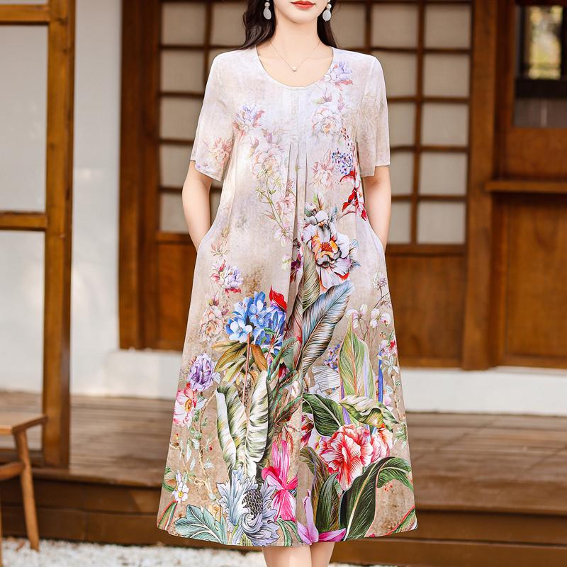 Summer Elegant Long Dresses for Women Plus Size Loose Short Sleeve Vintage Print Women's Dress