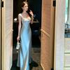 French Heavy Industry Bead Blue Satin Suspender Dress Women's 2026 New Light Luxury Temperament Banquet Dress Long Dress