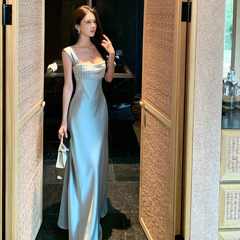 French Heavy Industry Bead Blue Satin Suspender Dress Women's 2026 New Light Luxury Temperament Banquet Dress Long Dress