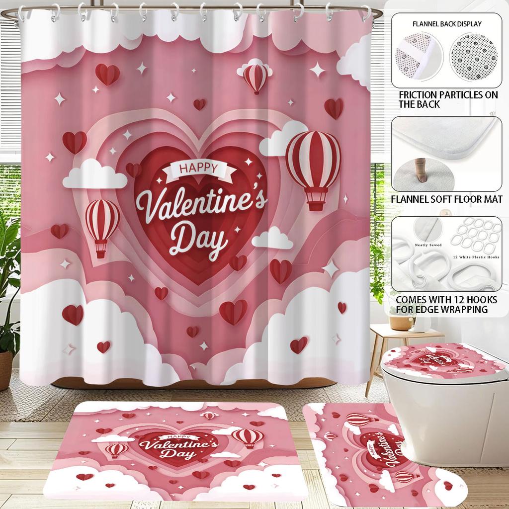 4pcs Valentine's Day Pink Romantic Love Printed Bathroom Set Waterproof Shower Curtain Floor Mat U-shaped Toilet Mat