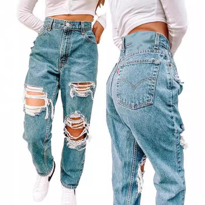 Calça Jeans Rasgada Retrô para Mulheres - Estilo Europeu e Americano