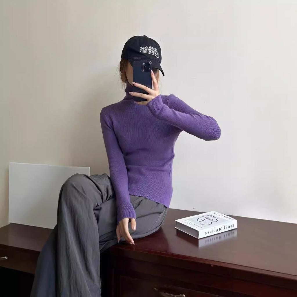 Women's Autumn Winter High Neck Candy Color Slim-Fit Knit Base Layer Simple Long Sleeve Top for Office Wear