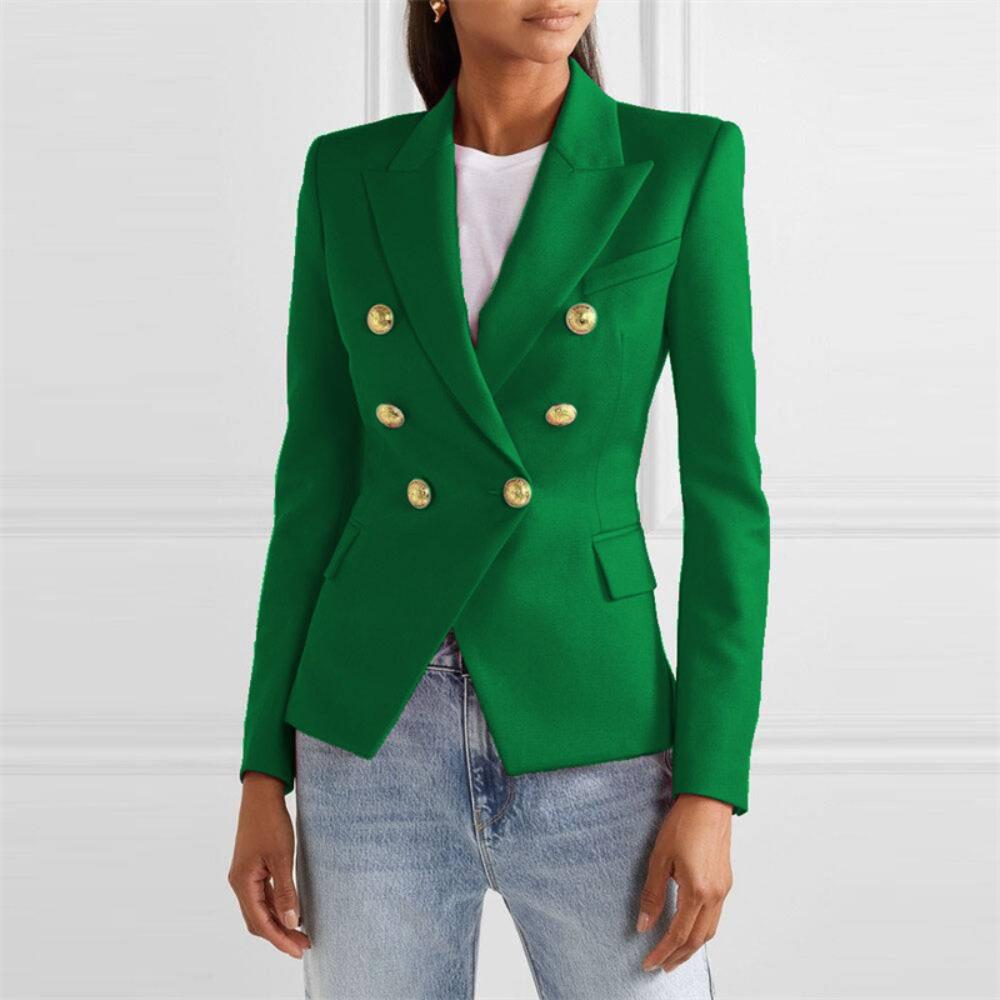 Women's Lapel Double Breasted Blazer Solid Color Long Sleeve Slim Fit Formal Business Short Suit Jacket