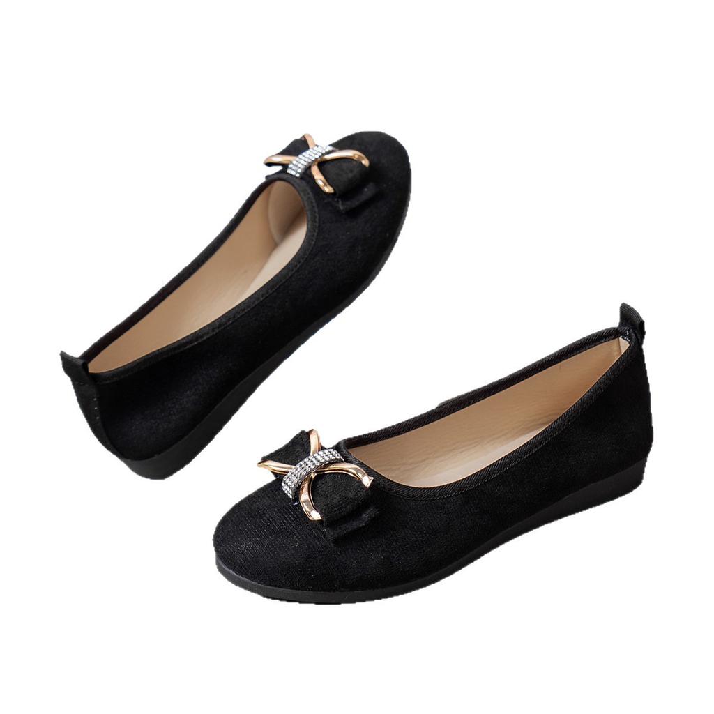 Large size flat single shoes women's new bow wedge heel low heel women's single shoes round head women's work shoes leather shoes