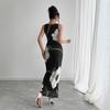 Women's Sleeveless Maxi Dress Round Neck Mid Rise Elegant Mesh Floral Print Sheath Dress