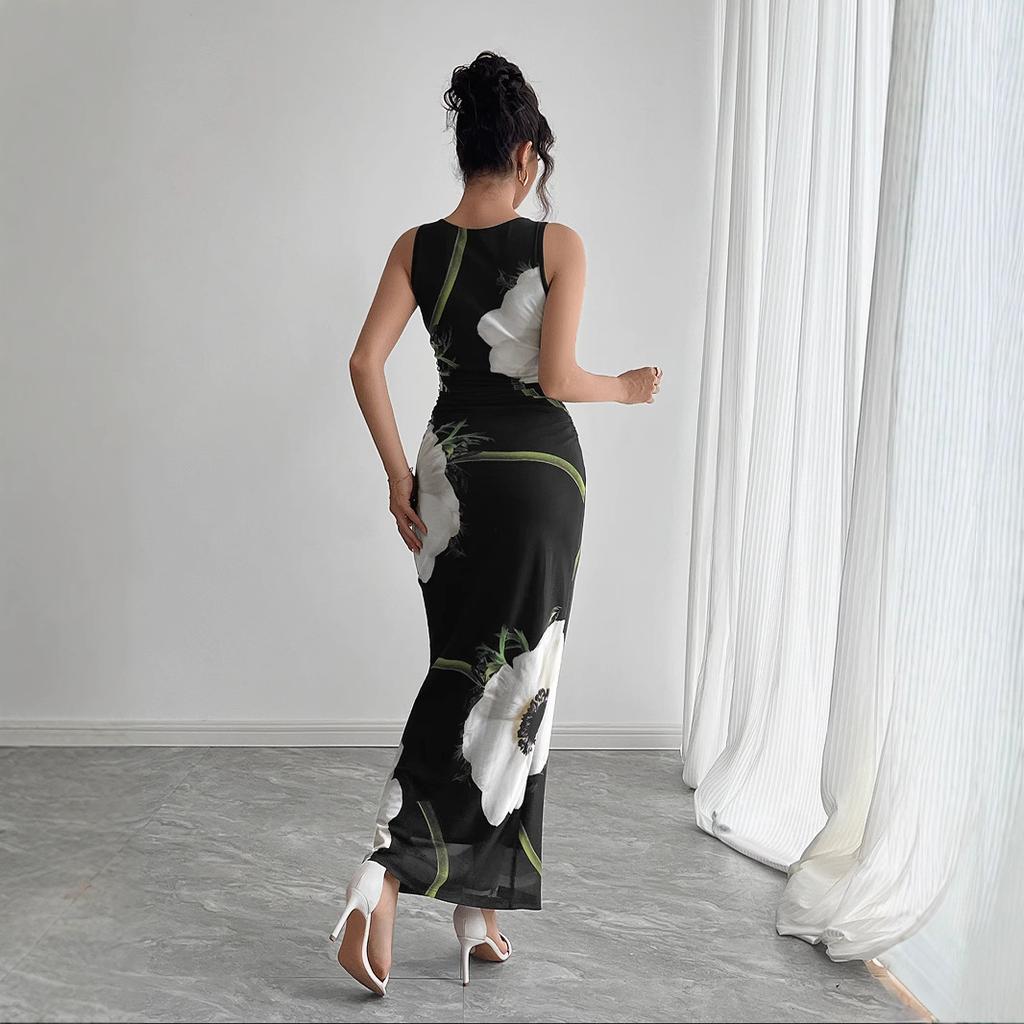 Women's Sleeveless Maxi Dress Round Neck Mid Rise Elegant Mesh Floral Print Sheath Dress