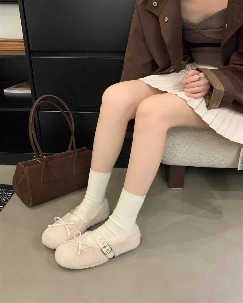 Bow-tie Fluffy Ballet Shoes Women's Winter New Round Head Wool Integrated Casual Warm Thick-soled Flat-soled Single Shoes