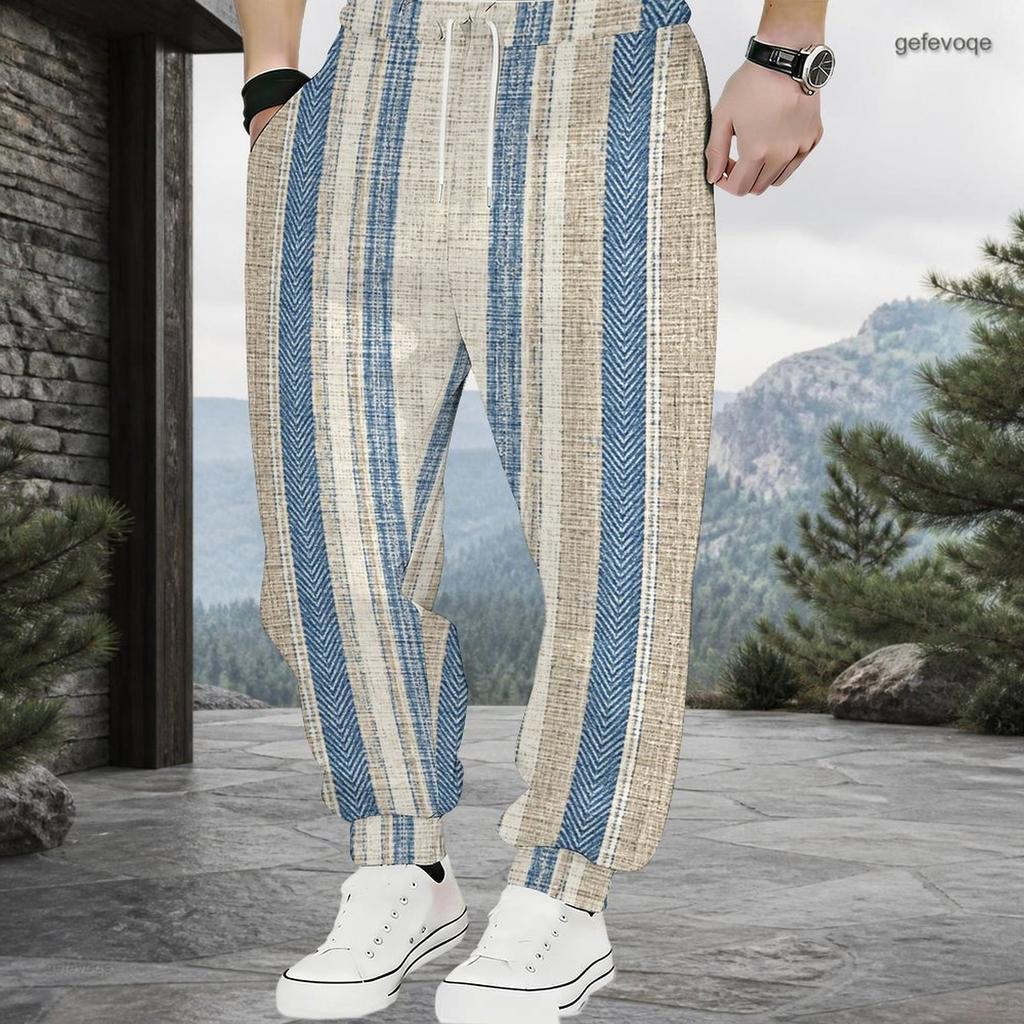 Men Plus Size Patchwork Printed Drawstring Waist Jogger Pants Side Pockets Cuffed Ankle Long Trousers