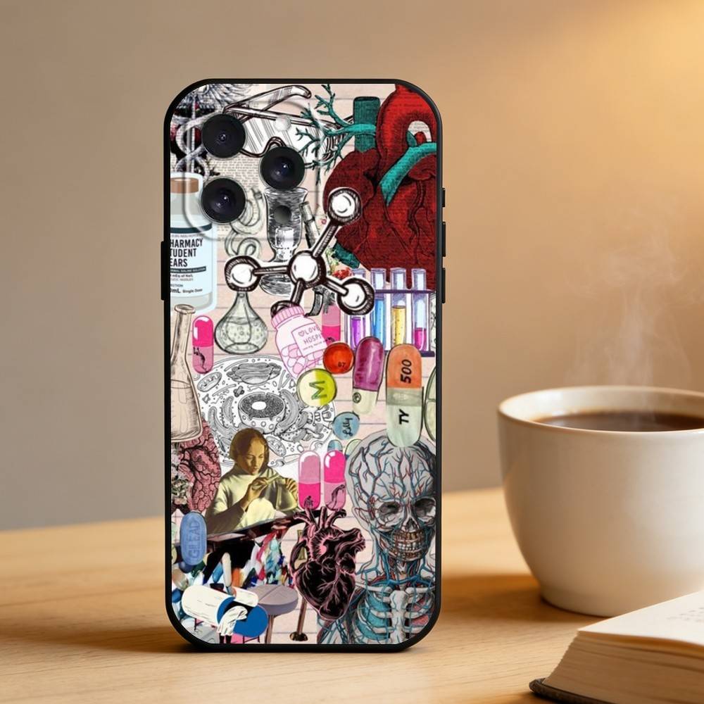 Medical Art Medicine Collage Phone Case For iPhone 16,15,14,13,12,17,Pro Max,Plus Silicone Black Case