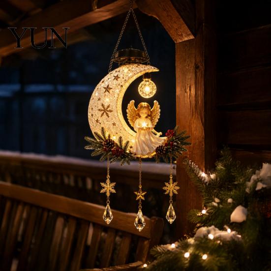 Outdoor Christmas Tree Ornaments Solar Angel Moon Light, Hanging Lantern with Warm Glow, Resin Automatic Powered Light Yard Decoration for Porch Tree,