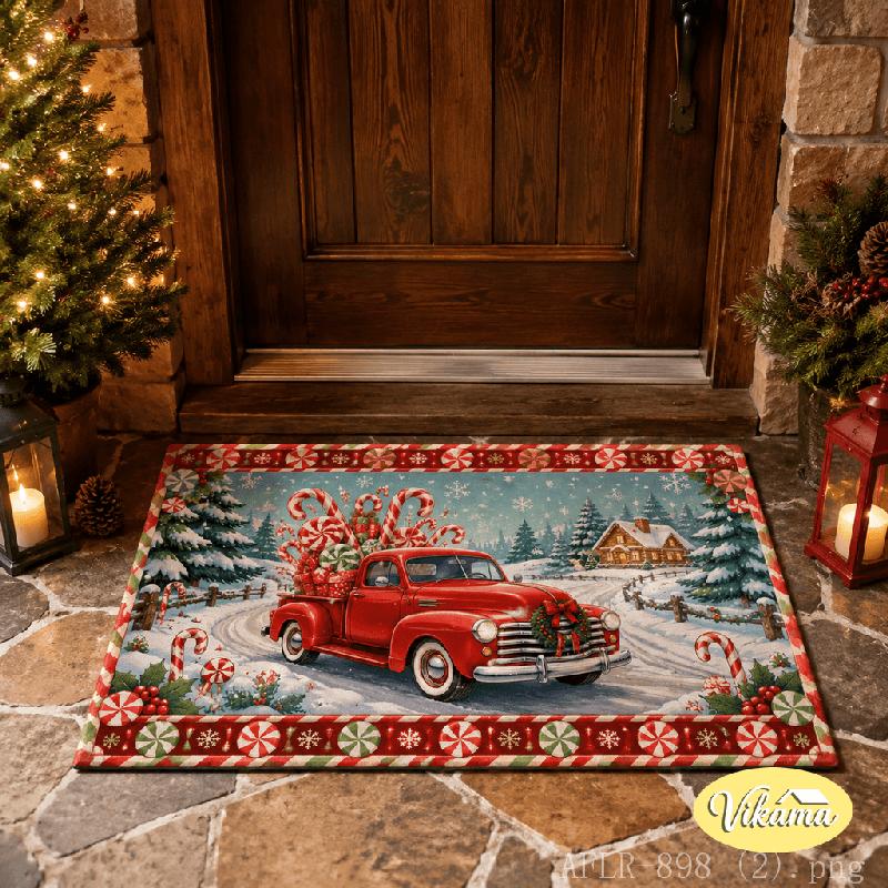 Christmas Red Truck Snowman Candy Cane Welcome Doormat Indoor Outdoor Kitchen Bedroom Non Slip Flannel Rug Home Decor