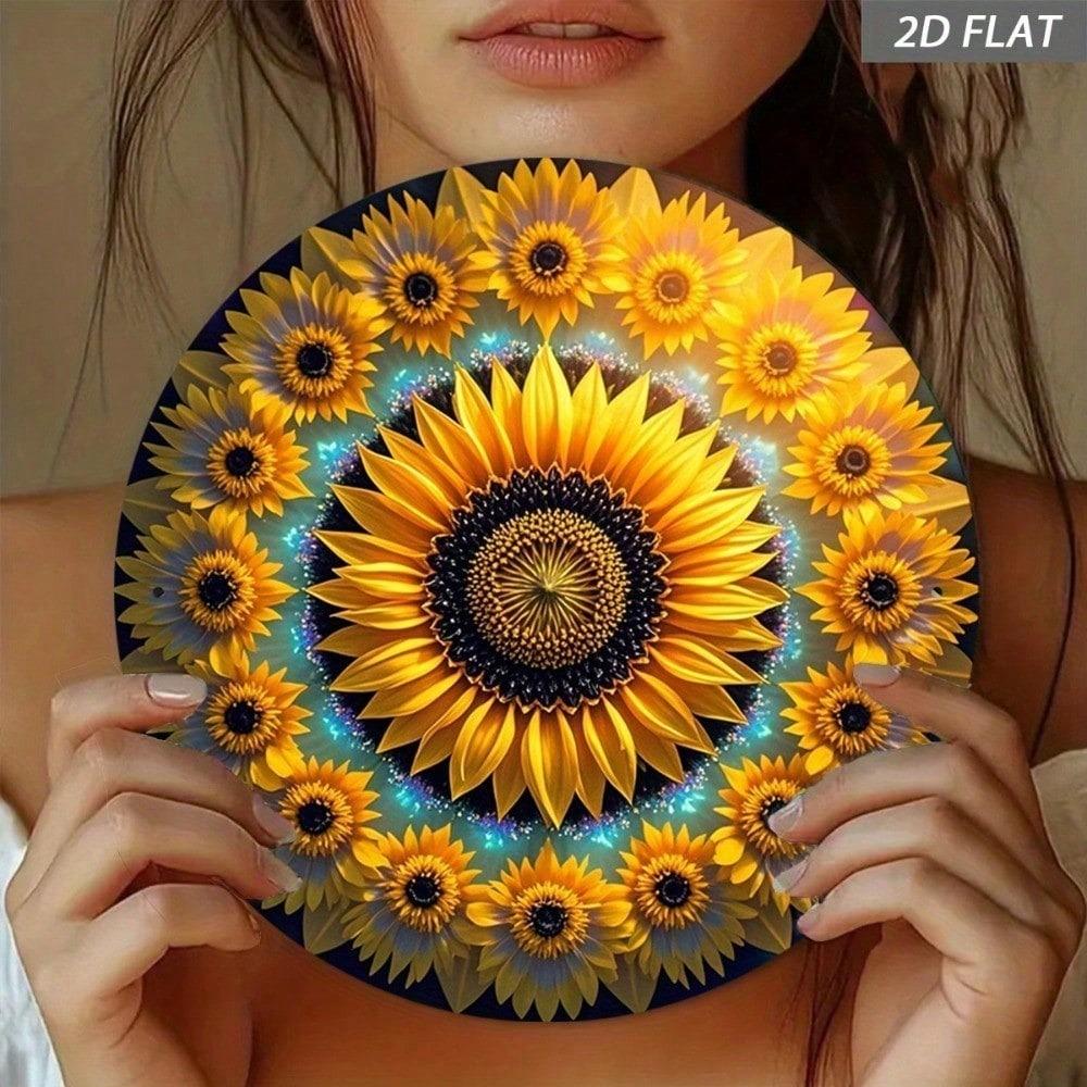 Vintage Sunflower Round Metal Wall Art, Yellow Aluminum Sign Decor for Home Farm