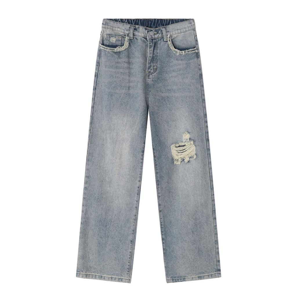 Pánská jarní novinka Pánské korejské rovné sudové americké trendy perforované džínové kalhoty