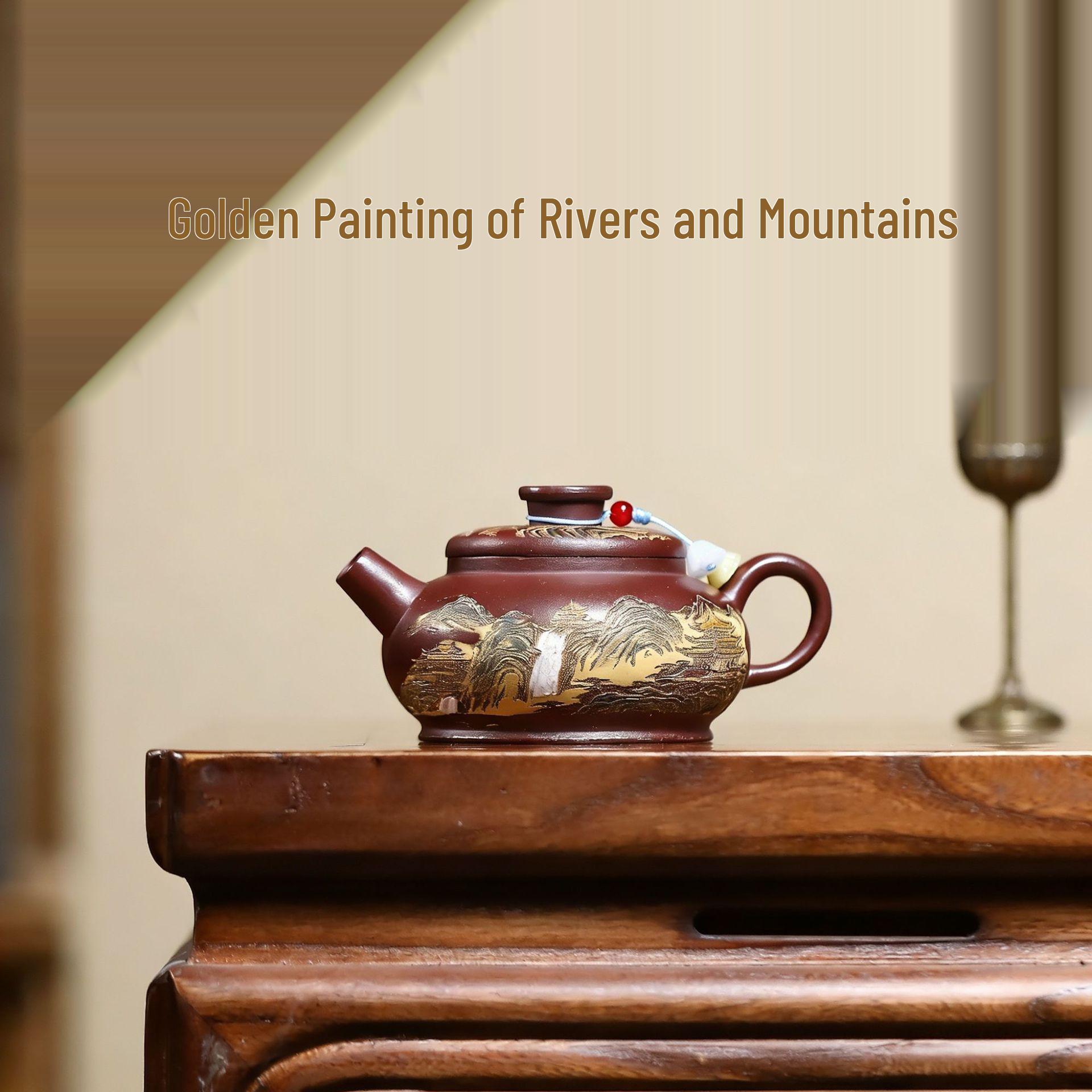 

Handmade Yixing Zisha Red Clay Teapot with Gold Painted Landscape for Gongfu Tea Brewing 180cc