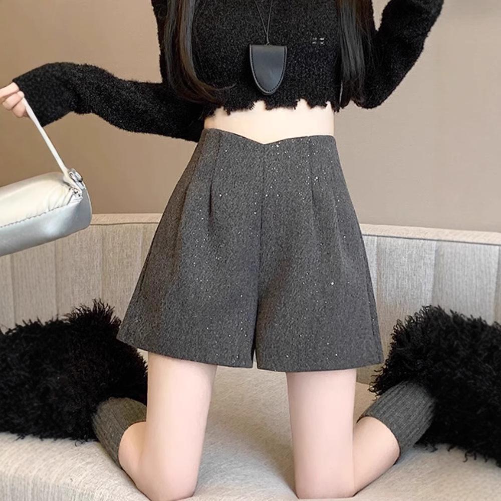 2024 A/W Woolen Sequin High Waist A-line Shorts: Women's Glitter Booty Shorts, Hot Girl Style, Wide Leg
