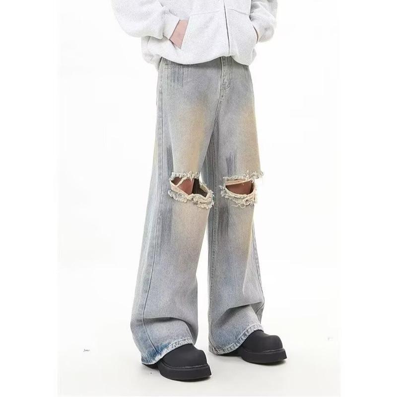 Jeans spring and autumn street hole design loose casual straight teen mopping pants long pants men