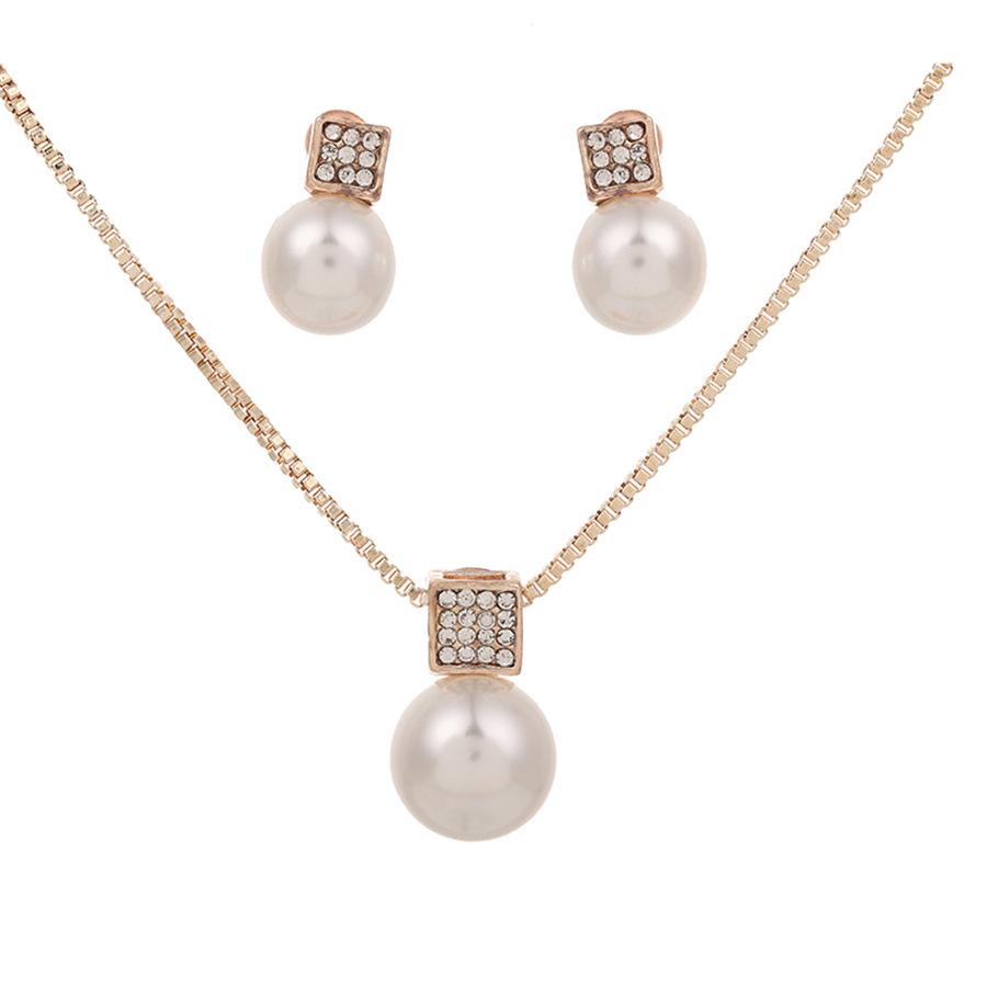 European & American Square Diamond Pearl Pendant Jewelry Set: Necklace & Earrings for Brides