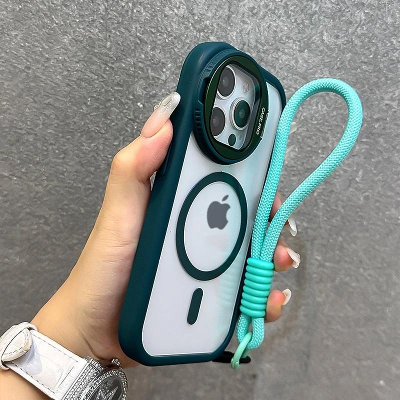 Luxury With Lanyard Magsafe Phone Case For iPhone 11 12 13 14 15 16 Pro Max Plus Magnetic Holder Bumper Cover