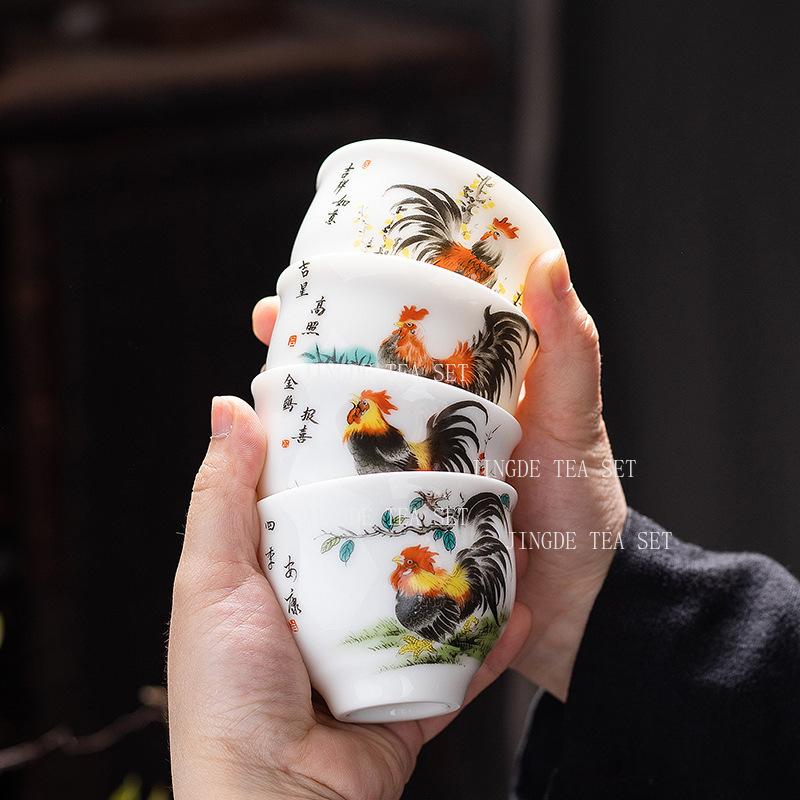Cylinder Cup Chicken Ceramic Chinese Tea Cup Sheep Fat Jade Rooster Tea Cup Kung Fu Tea Ceremony Accessories Drinking Utensils