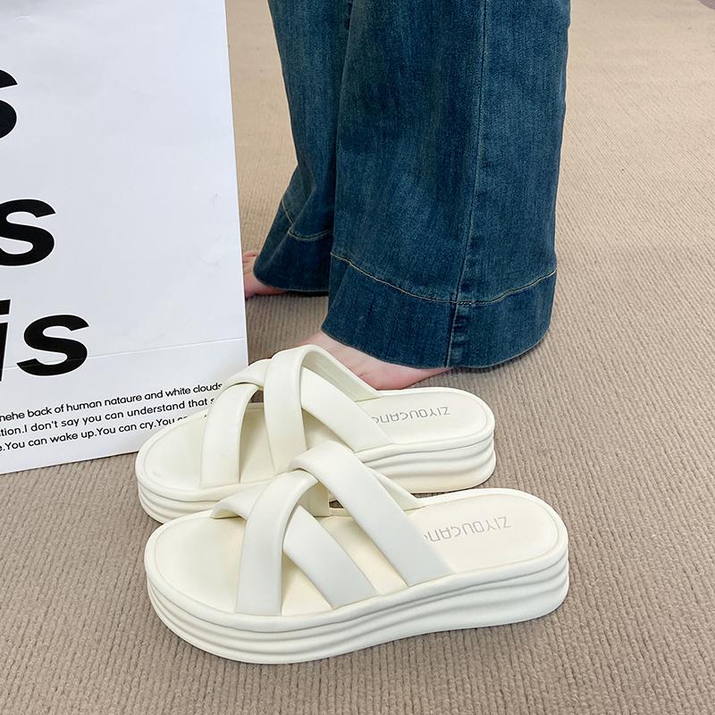 

Fashion CRLAYDK Fashion Sandals for Women Cross Straps Slip On PU Leather Slides Ladies Casual Footwear Summer Flat Beach Slippers 35